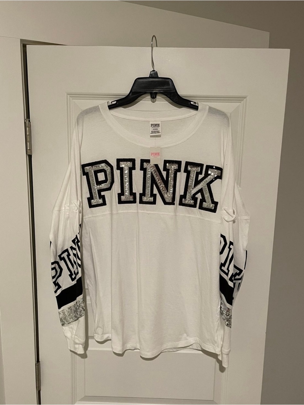 NWT VS PINK Victoria's Secret White Bling Long Sleeve Jersey Top Shirt Sz M